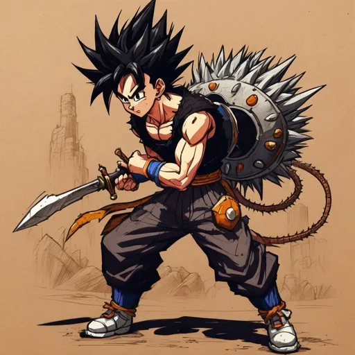 Prompt: Black spiky hair, adventure gear, Innocent, 18-year-old, determined, slim, Small dagger attached to his hip.
  Farmer build, muscular, Happy-go-lucky,;Akira torniyama art style dragon ball z architects artics entertainment art style Rich detail, on brown paper world of warcraft art style, fantasy art style