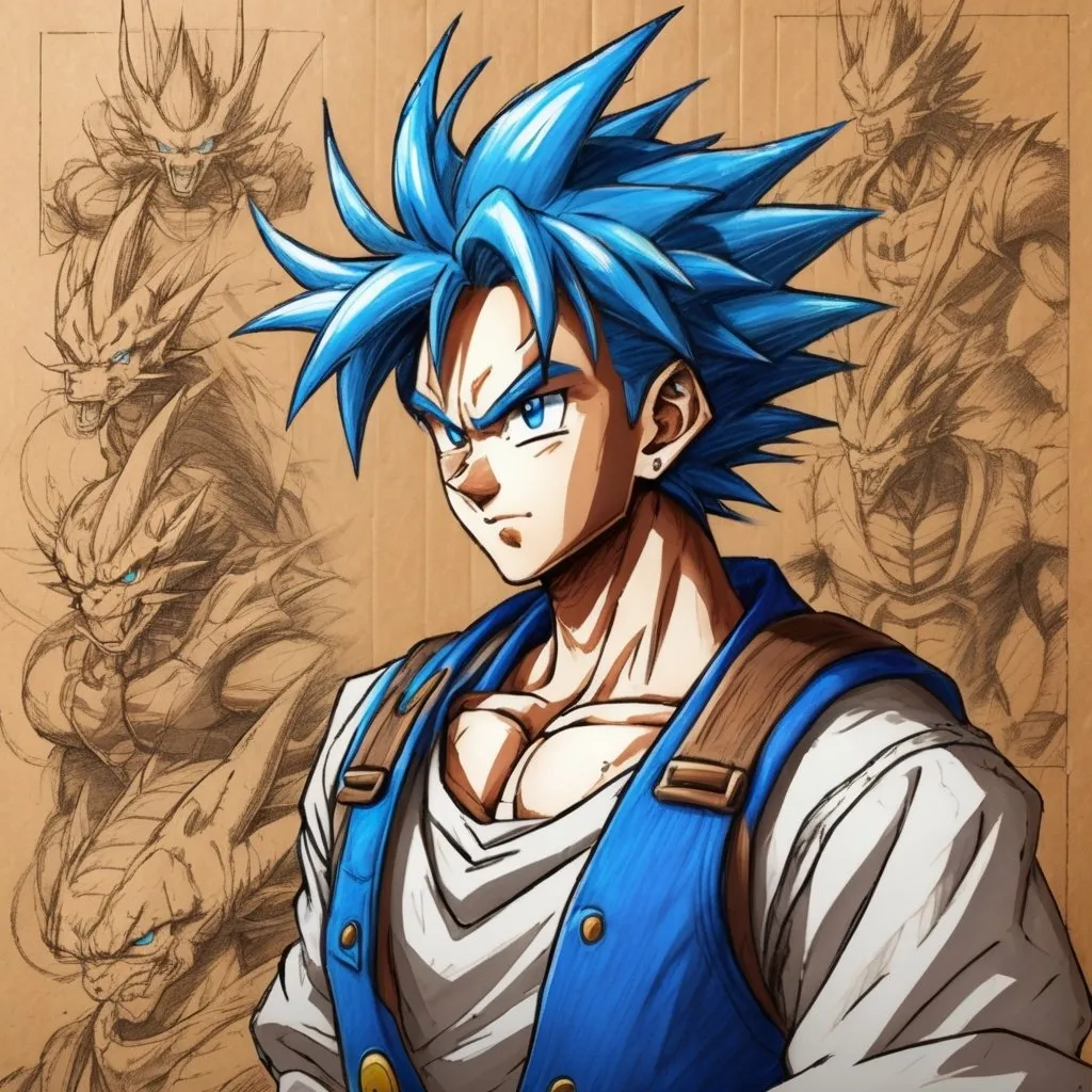 Prompt: 

Humane male ,Slim, farmer build,black spiky hair Blue eyes, determined, 18-year-old innocent,
 Artix entertainment art style, akira toriyama art style,
 Dragon ball z art style, 90s anime art style, World of Warcraft art style, fantasy, pencil detail texture, Rich detail.
On brown paper, Johnny appleseed