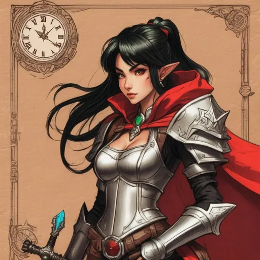 Prompt: Human woman, armor metal,  green metal bow,on light brown paper.world of warcraft art, pencil detail texture, red clock, ranger, black hair,  little red riding hood. Akira toriyama art style 90s anime art style, 