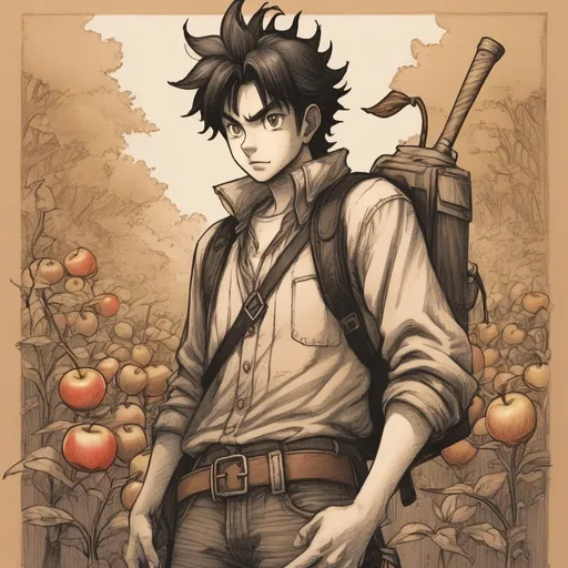 Prompt: Slim, farmer build, black spiky hair, , determined, 18-year-old innocent,
, akira toriyama art style,
 , 90s anime art style, World of Warcraft art style, fantasy, pencil detail texture, Rich detail.
On brown paper, Johnny appleseed, holding a tiny appleseed, a golden appleseed, when swallowed, flame aura, around johnny,