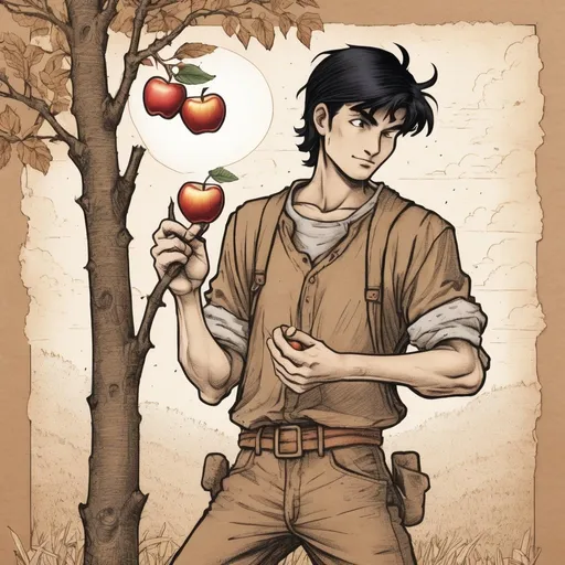 Prompt: Create an image of Johnny Appleseed in a slim, farmer build with black spiky hair, a determined and innocent 18-year-old. The art style should blend Akira Toriyama’s style, 90s anime aesthetics, and World of Warcraft fantasy elements, with rich pencil detail texture on brown paper. Johnny is holding a tiny golden appleseed. As he swallows the seed, a flame aura ignites around him, highlighting his transformation. The scene should be richly detailed, capturing the fantasy elements with a mystical atmosphere.