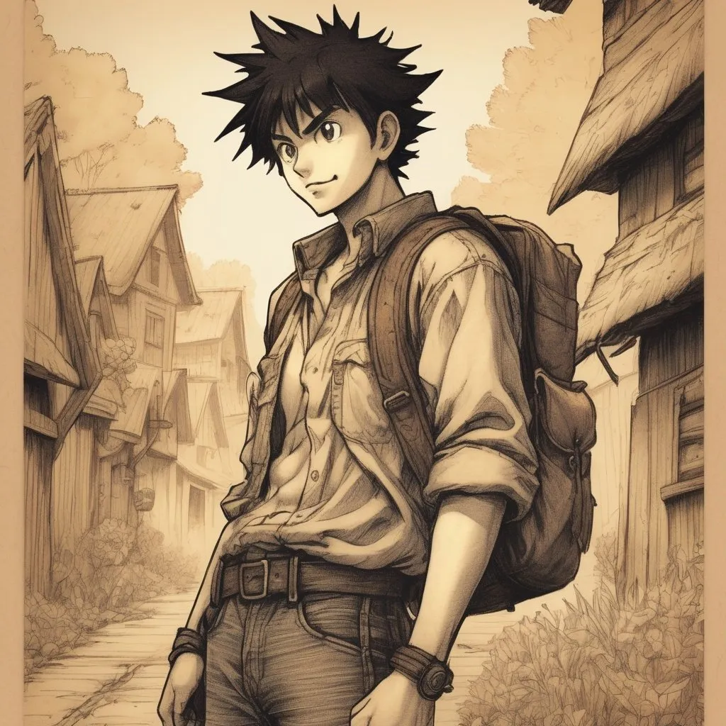 Prompt: Slim, farmer build, black spiky hair, , determined, 18-year-old innocent,
, akira toriyama art style,
 , 90s anime art style, World of Warcraft art style, fantasy, pencil detail texture, Rich detail.
On brown paper, Johnny appleseed, holding a tiny appleseed, a golden appleseed, when swallowed, flame aura, around johnny,