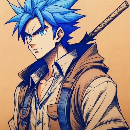 Prompt: 

Human male ,Slim, farmer build,black spiky hair Blue eyes, determined, 18-year-old innocent,
, akira toriyama art style,
 , 90s anime art style, World of Warcraft art style, fantasy, pencil detail texture, Rich detail.
On brown paper, Johnny appleseed