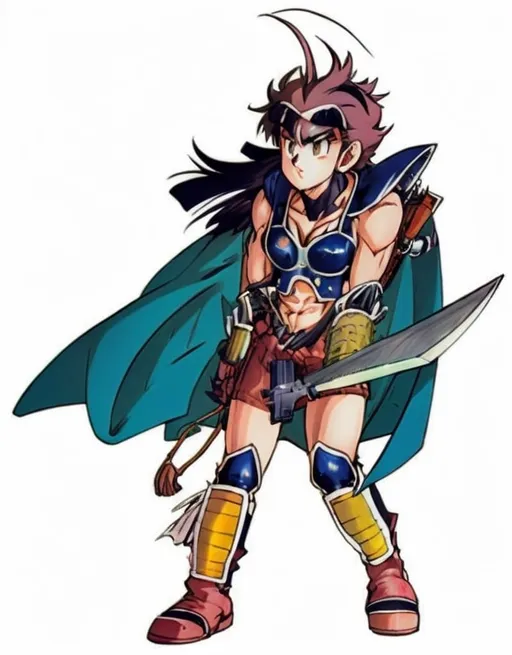 Prompt: a woman in a costume holding a sword and a sword blade in her hand, with a helmet on, Akira Toriyama, neogeo, manga and anime 1 9 9 9, concept art