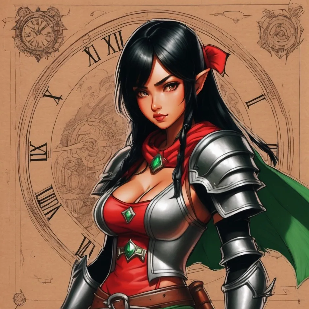 Prompt: Human woman, armor metal,  green metal bow,on light brown paper.world of warcraft art, pencil detail texture, red clock, ranger, black hair,  little red riding hood. Akira toriyama art style 90s anime art style, 