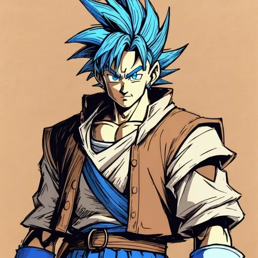 Prompt: Humane male ,Slim, farmer build,black spiky hair Blue eyes, determined, 18-year-old innocent,
 Artix entertainment art style, akira toriyama art style,
 Dragon ball z art style, 90s anime art style, World of Warcraft art style fantasy? Rich detail.
On brown paper, Johnny appleseed