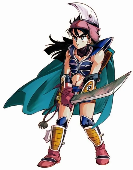 Prompt: a woman in a costume holding a sword and a sword blade in her hand, with a helmet on, Akira Toriyama, neogeo, manga and anime 1 9 9 9, concept art