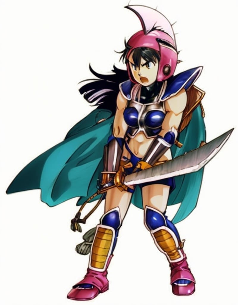 Prompt: a woman in a costume holding a sword and a sword blade in her hand, with a helmet on, Akira Toriyama, neogeo, manga and anime 1 9 9 9, concept art