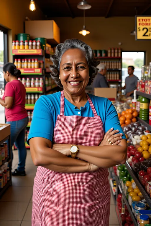 Prompt: full body photo of @T1CtYoPRWEmhXedbCysE wearing a blue shirt and a red and white apron, attending her little latin american convenience store, selling beverages, food, snaks, etc. Natural light, no studio light