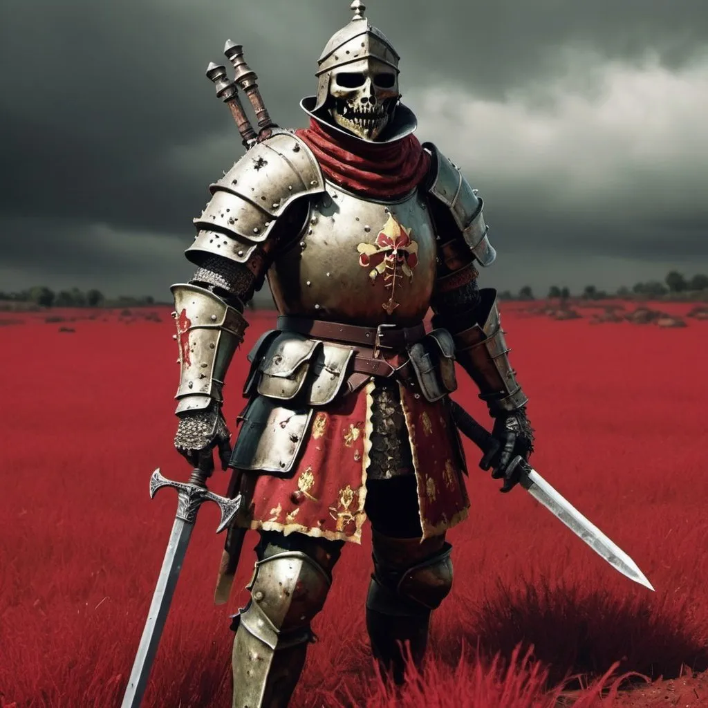 Prompt: spanish soldier conquistador, infected by nurgle, on a red field, dark souls style