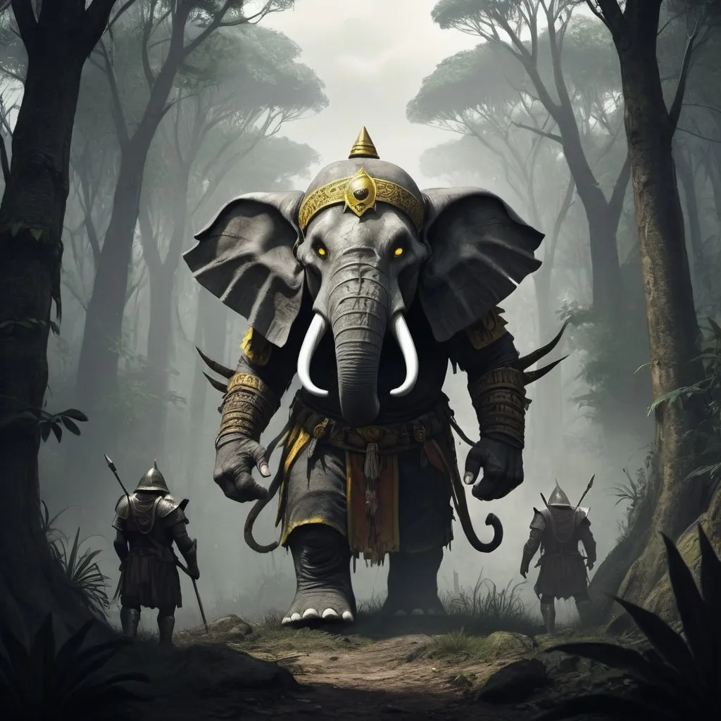 Prompt: Medieval Dark fantasy, skinny monster, elephant, azteca, white, yellow eyes, large teeth, on a forest, agressive azteca reuin ahead, a few spanish inquisition soldiers spot him from beyond, terror, Dark Souls style.
