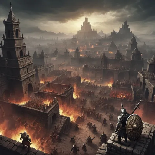 Prompt: massive chaotic fantasy war, dark souls style, siege to an azteca city, bloodmist