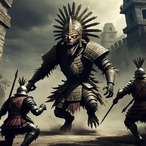 Prompt: Azteca monster, chasing spanish soldiers, Dark Souls Style