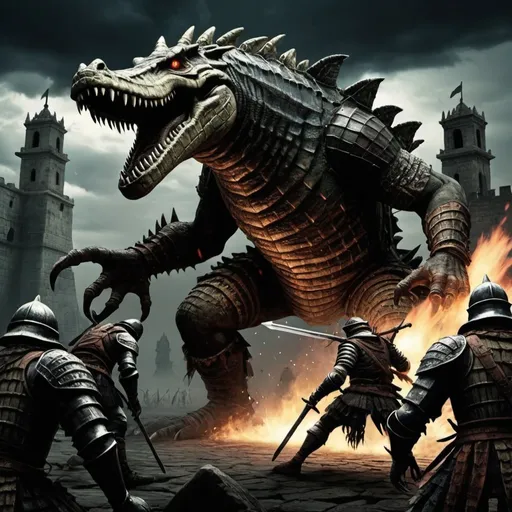 Prompt: A Dark Souls Boss, Azteca Monster, crocodile, Dark sky, some spanish soldiers fighting it but getting death
