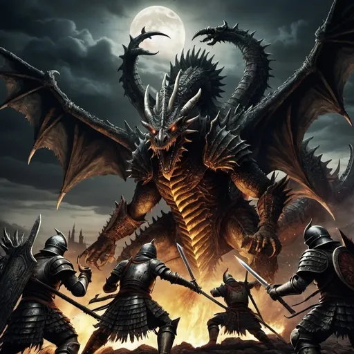 Prompt: A Dark Souls Boss, Azteca Monster, Dragon, Dark sky, some spanish soldiers fighting it but getting death
