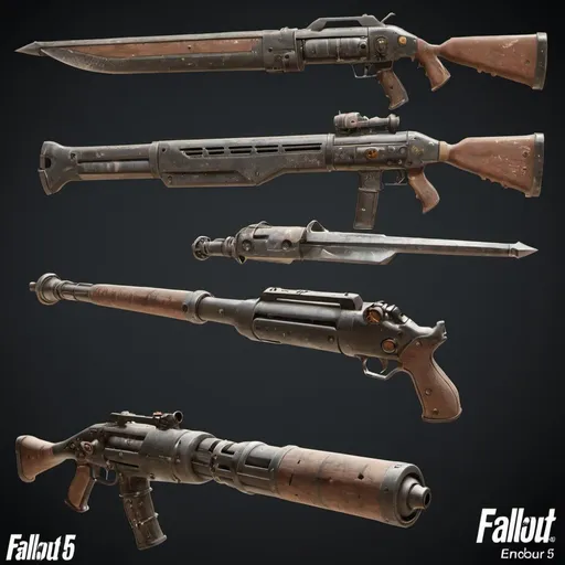 Prompt: weapons from Fallout 5, concept design sheet, hyperealistic, unreal engine 5, morden armory