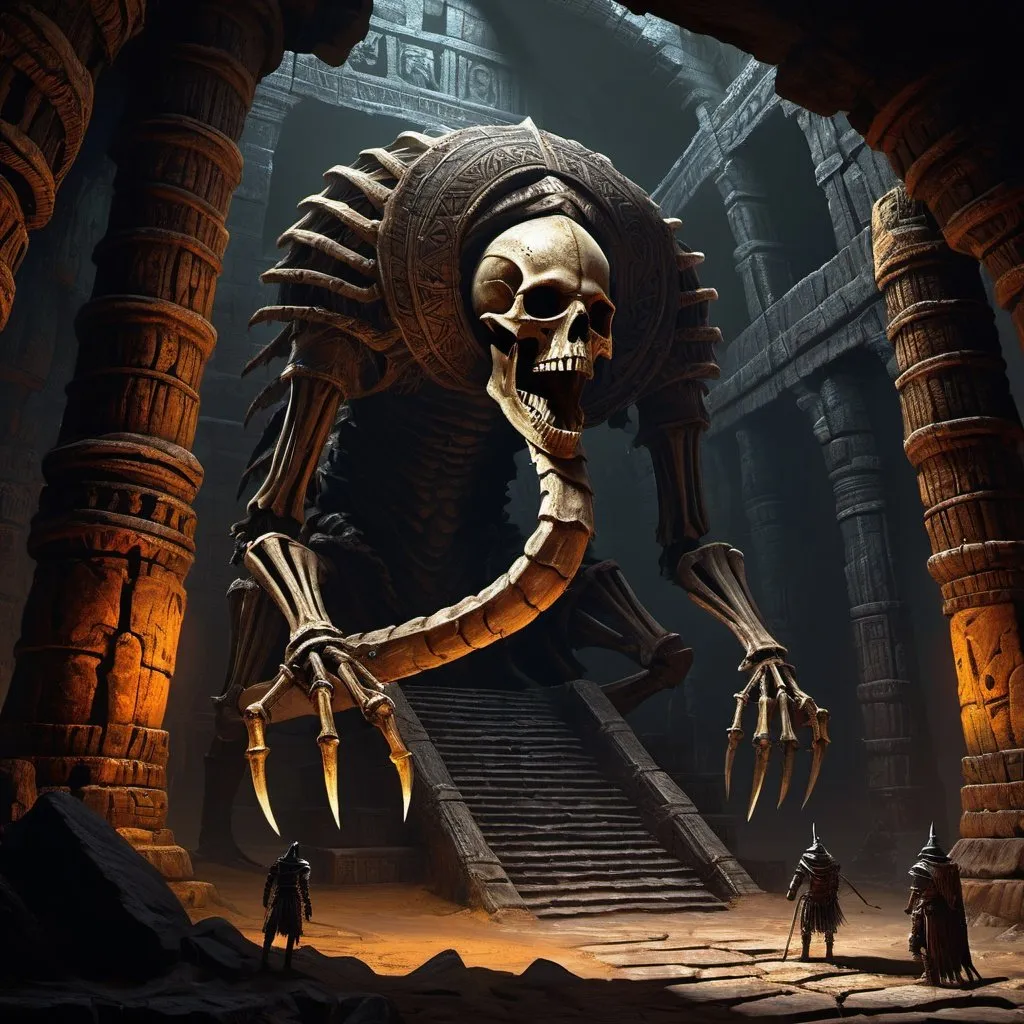 Prompt: dark fantasy, dark souls concept art, dinamic lighting, hyperdetailed, deep color, volumetric lighting, azteca painting, azteca structure, void ancient ocre snake skeleton, 4k resolution, Dark Souls Boss