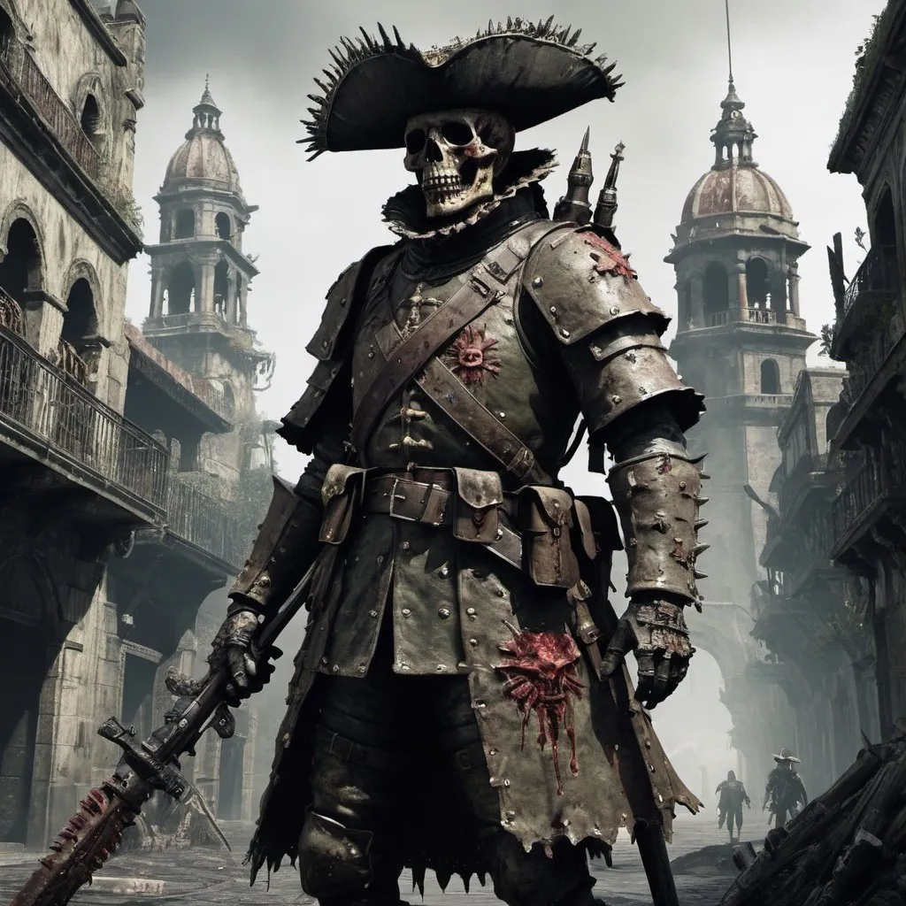 Prompt: spanish soldier conquistador, infected by nurgle, on a azteca city, bloodborne style