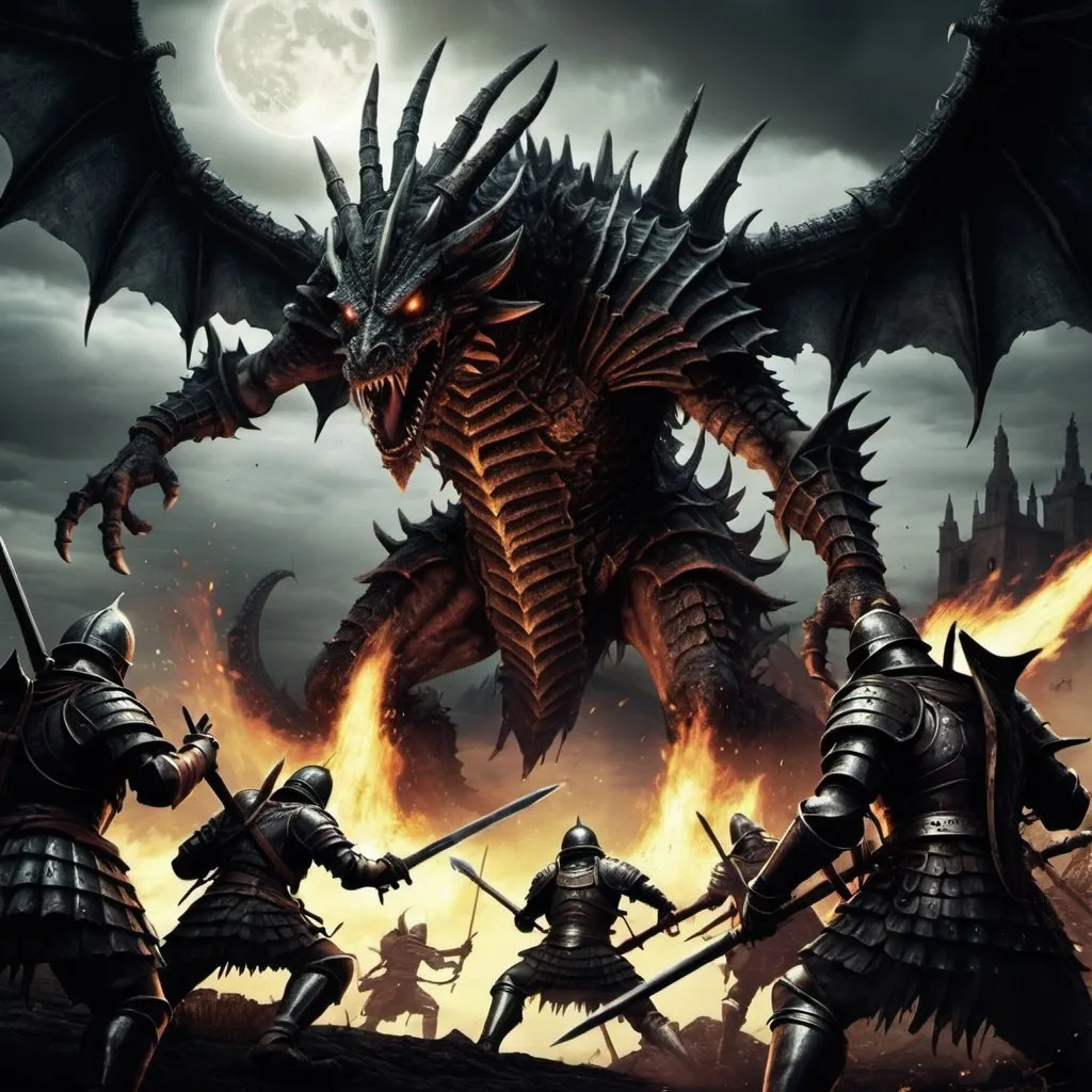 Prompt: A Dark Souls Boss, Azteca Monster, Dragon, Dark sky, some spanish soldiers fighting it but getting death
