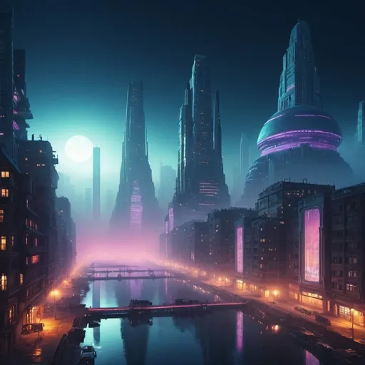 Prompt: vivid distopian retrofuturistic city, nightfall, lamber light from buildings, fog, huge structures