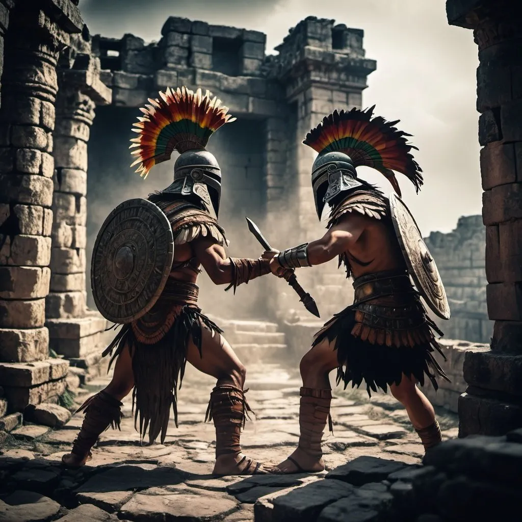 Prompt: Medieval Dark fantasy, two aztecas warriors fighting each other on some ancient ruins. Dark Souls based
