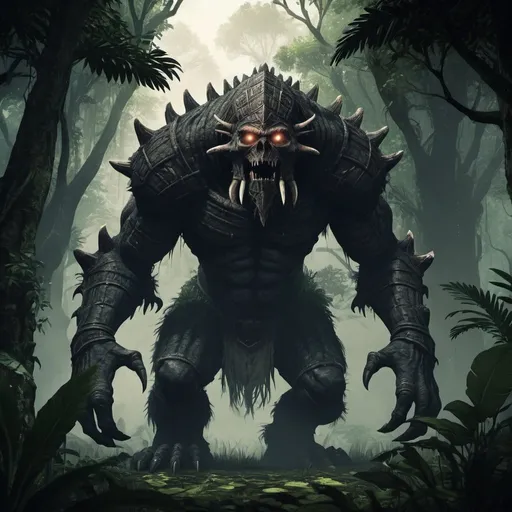 Prompt: Medieval Dark fantasy, a giant monster on a jungle, is blind and is from azteca style. Dark Souls based
