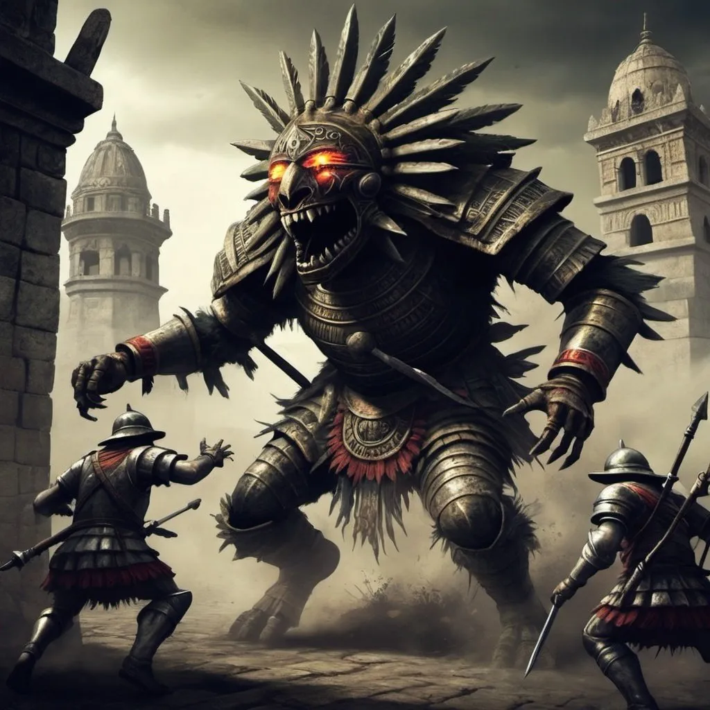 Prompt: Azteca monster, chasing spanish soldiers, Dark Souls Style