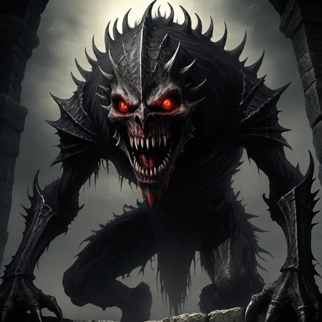 Medieval Dark fantasy, skinny monster, black, red ey...