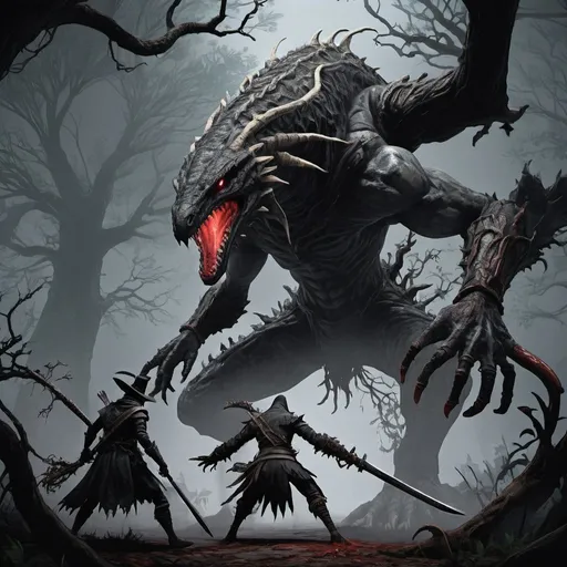 Prompt: Bloodborne style, a maya warrior fighting against a giant salamandra which is using the trees to ocult himself

