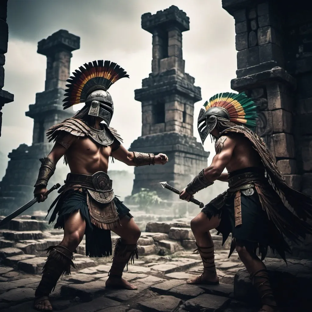 Prompt: Medieval Dark fantasy, two aztecas warriors fighting each other on some ancient ruins. Dark Souls based
