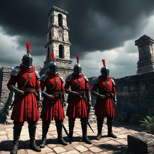 Prompt: Dark Souls Style, a squad of spanish soldier colonialist, suffering, on Maya ruins, the sky is black and red
