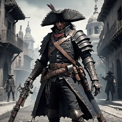 Prompt: bloodborne style spanish conquistador soldier. giant blunderbuss on their hands. Boss, placed on a massive street of an azteca city. His armor have little flags around him