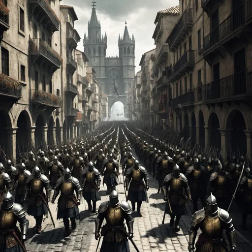 Prompt: dark souls style, spanish armie march on a giant street, celebrating day force army, lots o citizens claming, warhammer ambience, chaotic image