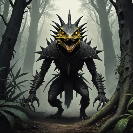 Prompt: Medieval Dark fantasy, skinny monster, lizard, azteca, black, yellow eyes, large teeth, on a forest, azteca reuin ahead, a few spanish inquisition soldiers spot him from beyond, terror, Dark Souls style.
