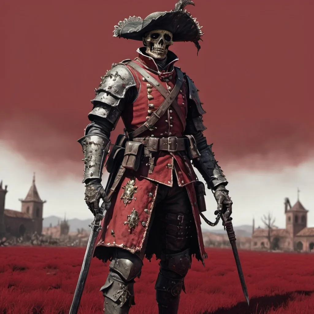 Prompt: spanish soldier conquistador, infected by nurgle, on a red field, bloodborne style