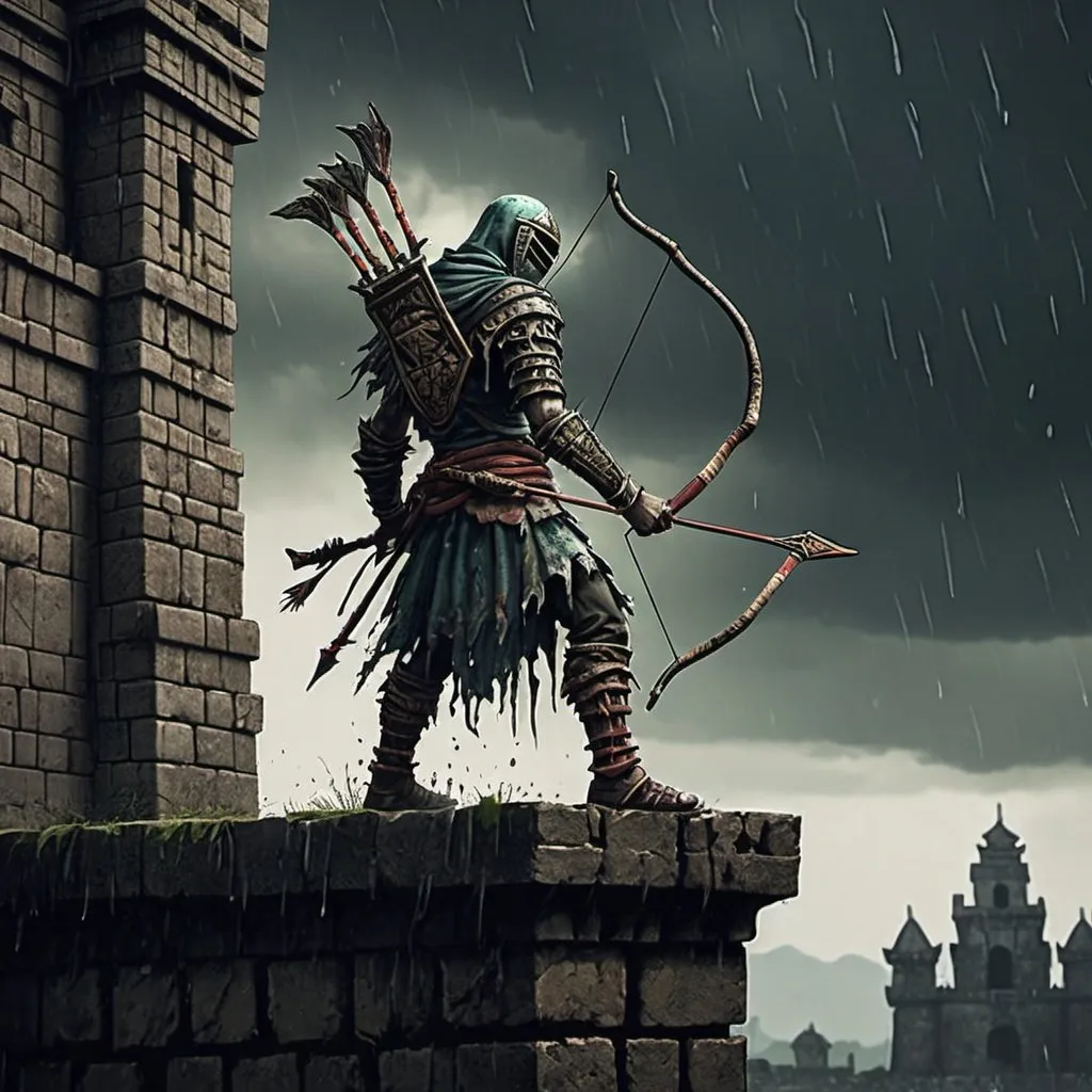 Prompt: Dark Souls Style, Azteca zombie archer, walking on a wall from a azteca castle, raining