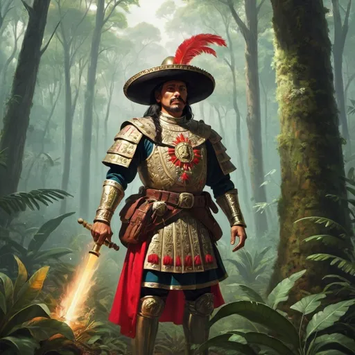 Prompt: Spanish conquistador colonialist, azteca style, using cleric bright spell on a forest