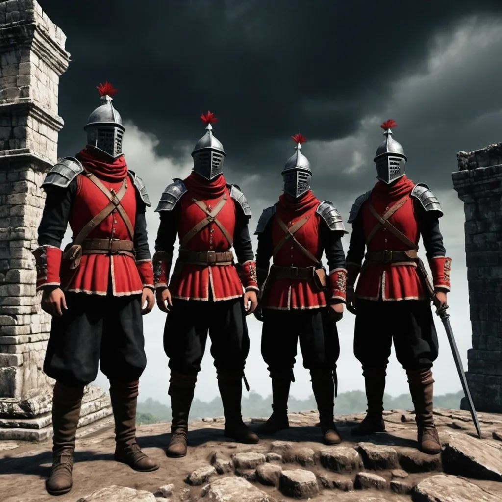 Prompt: Dark Souls Style, a squad of spanish soldier colonialist, suffering, on Maya ruins, the sky is black and red
