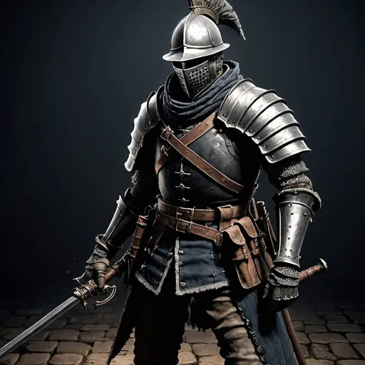 Prompt: Dark Souls and bloodborne ambient, spanish conquistador soldier. giant blunderbuss on their hands. Boss, placed on a prade. His armor have little flags around him. Fight combat poses, volumetric lighting, amazing design, hyoerrealistic