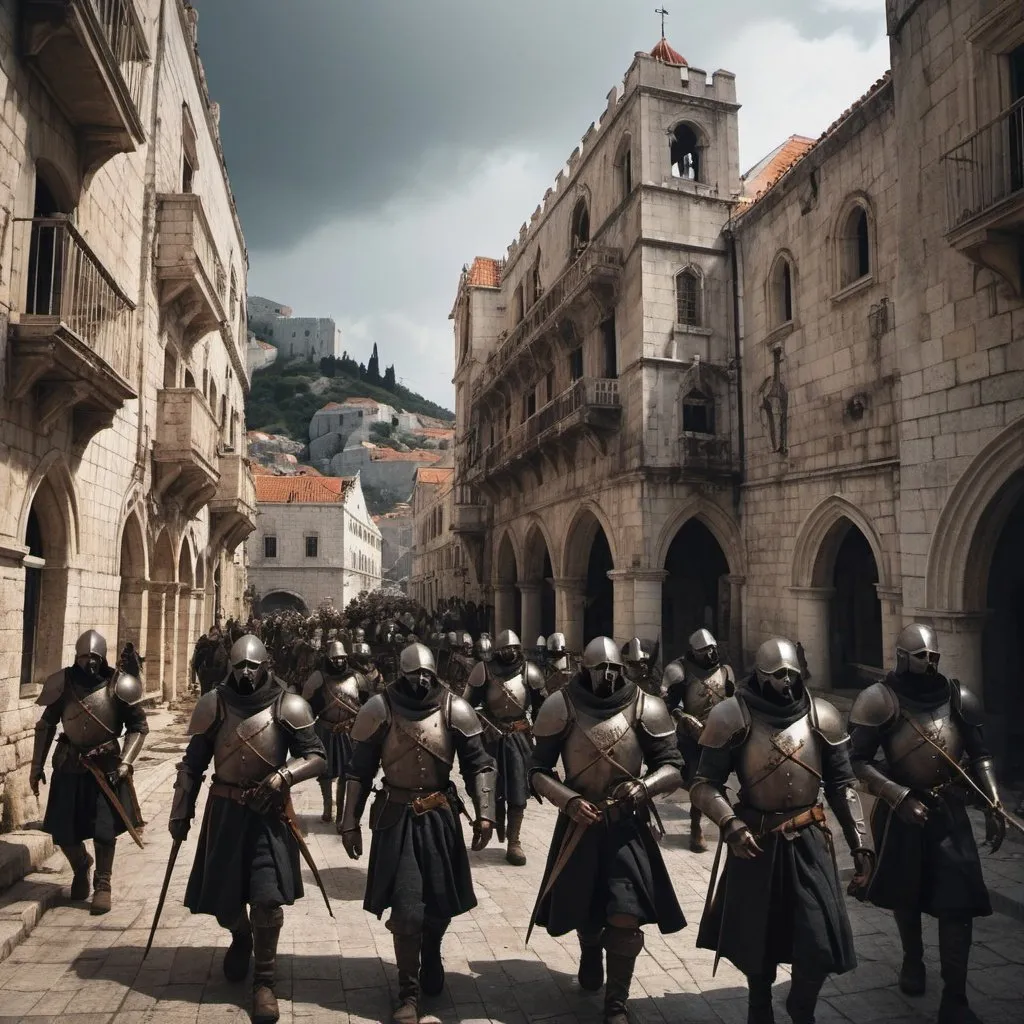 Prompt: Medieval dark fantasy, a post-apocalyptic Dubrovnik with automaton army marching on the streets, desolated