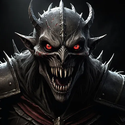 Prompt: Medieval Dark fantasy, skinny monster, black, red eyes, large teeth, terror. Dark Souls based
