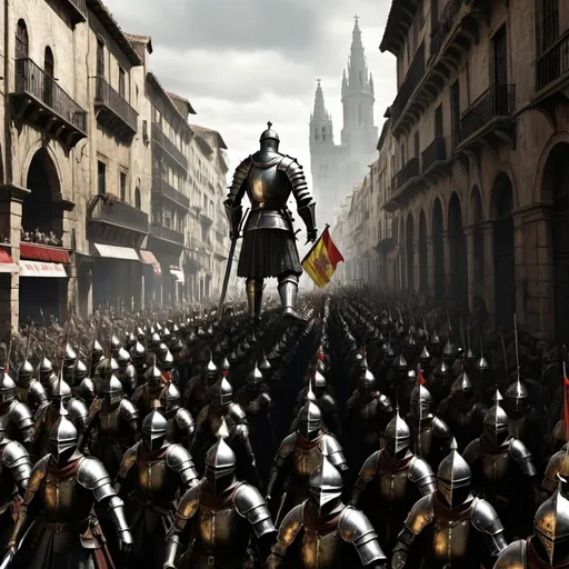 Prompt: dark souls style, spanish armie march on a giant street, celebrating day force army, lots o citizens claming, warhammer ambience, chaotic image