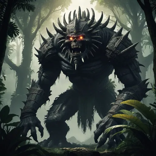 Prompt: Medieval Dark fantasy, a giant monster on a jungle, is blind and is from azteca style. Dark Souls based
