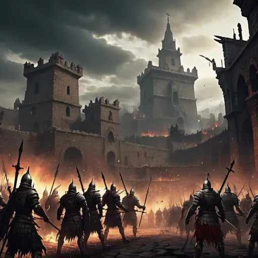 Prompt: massive chaotic fantasy war, dark souls style, siege to an azteca city, bloodmist