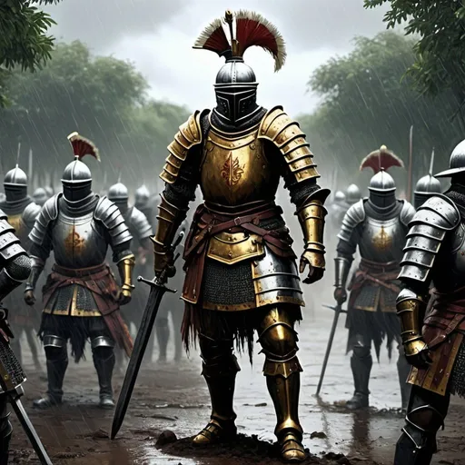 Prompt: massive realistic war, dark souls armor style, dark souls style, hyper detailed painting, spanish colonialists against azteza forces, epic lighting, heavy rain