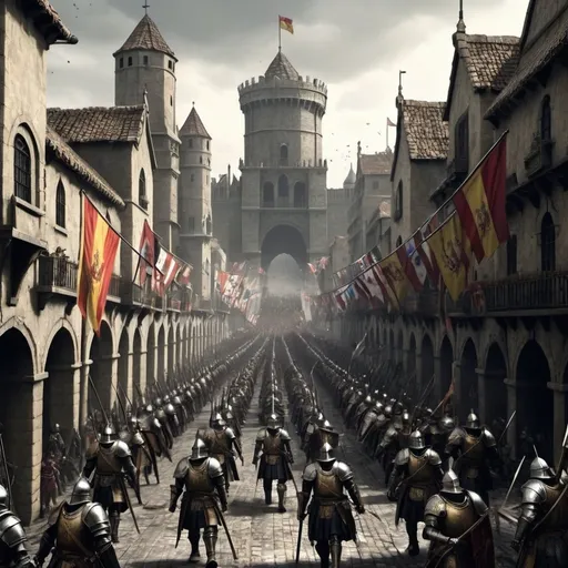Prompt: dark souls style, spanish conquistador armie march on a giant street, celebrating day force army, lots o citizens claming, warhammer ambience, chaotic image. Some archimages on the march. Some giant soldiers, gothic city, a massive catapult on the far sight decorated with flags.