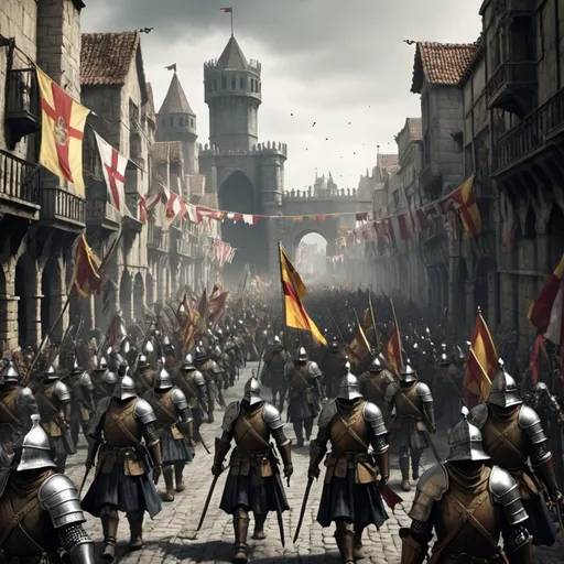 Prompt: dark souls style, spanish conquistador armie march on a giant street, celebrating day force army, lots o citizens claming, warhammer ambience, chaotic image. Some archimages on the march. Some giant soldiers, gothic city, a massive catapult on the far sight decorated with flags.