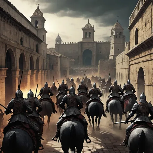 Prompt: Dark souls style, zombie spanish cavalry across a ancient city