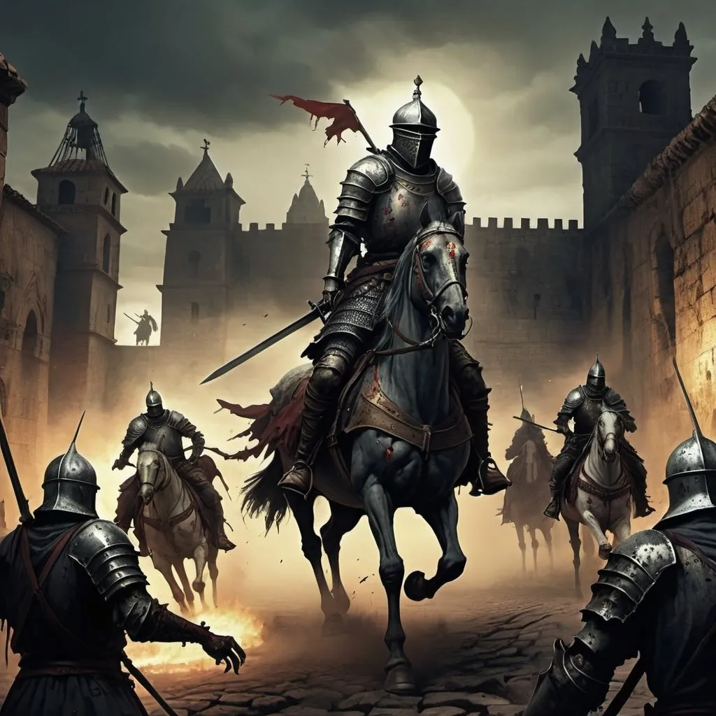 Prompt: Dark souls style, zombie spanish cavalry across a ancient city