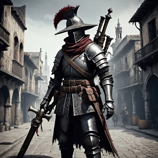 Prompt: Dark Souls and bloodborne style spanish conquistador soldier. giant blunderbuss on their hands. Boss, placed on a massive street of an azteca city. His armor have little flags around him